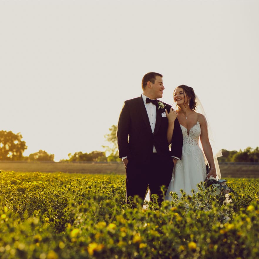 Bride & groom smile in the golden hour of sunset in the field next to the vineyard.