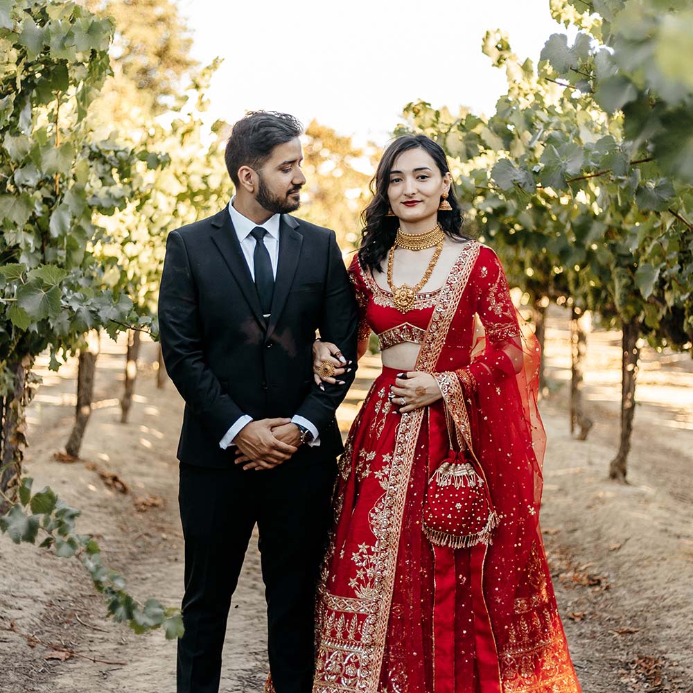 The bride in her vibrant red wedding dress and handbag stands stoically as her groom in his black suit looks at her as they stand between vines at their winery wedding.
