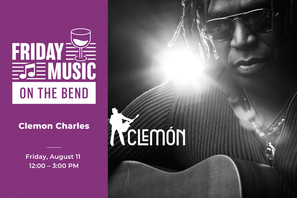 Flyer for Live Music in Sacramento with Clemon Charles at Scribner Bend Vineyards August 11, 2023