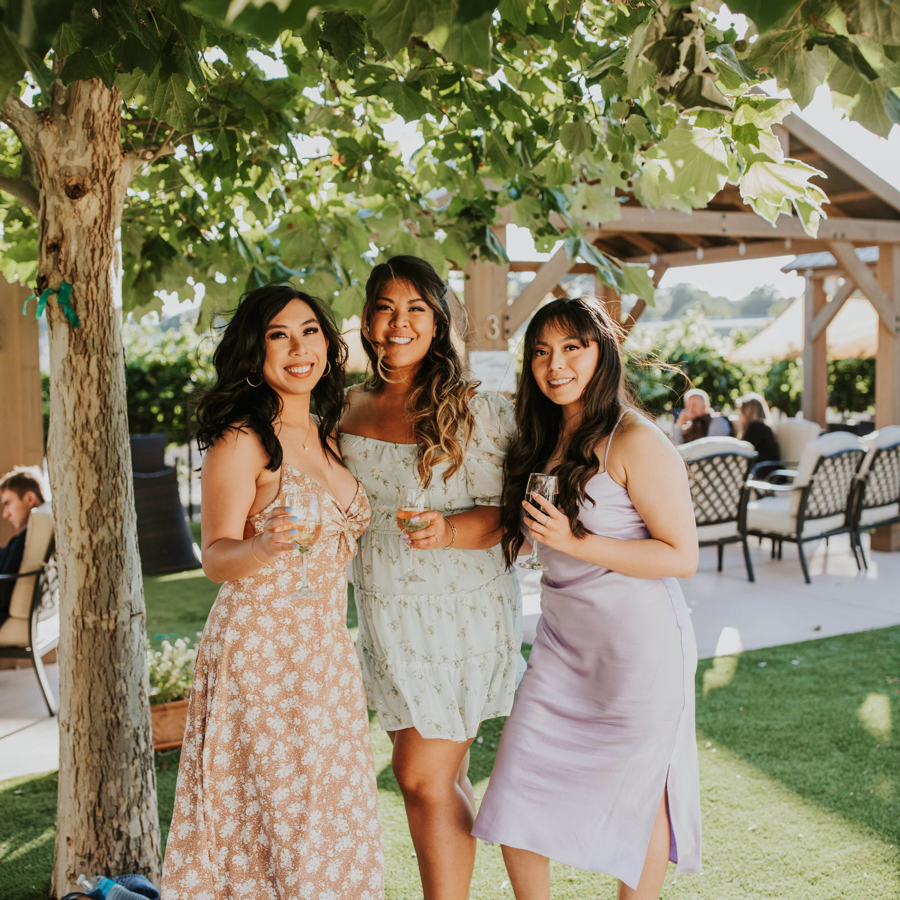 Ladies at a casual anniversary celebration raise a toast under the tree