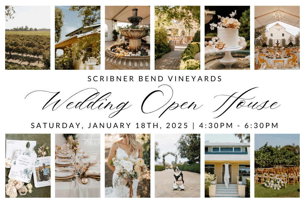 Wedding Open House at Scribner Bend Vineyards on Sunday, January 18th from 4:30-6:30 pm.