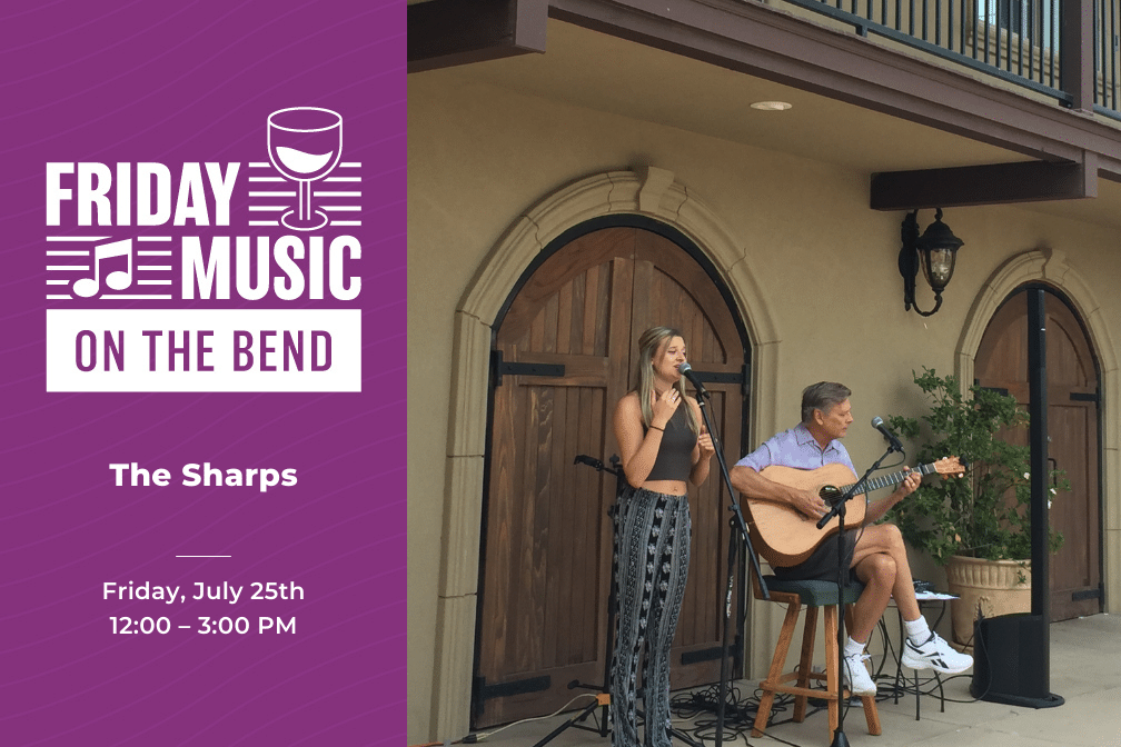 Friday Music on the Bend at Scribner Bend Vineyards with The Sharps on Friday, July 25th from 12:00-3:00 pm.