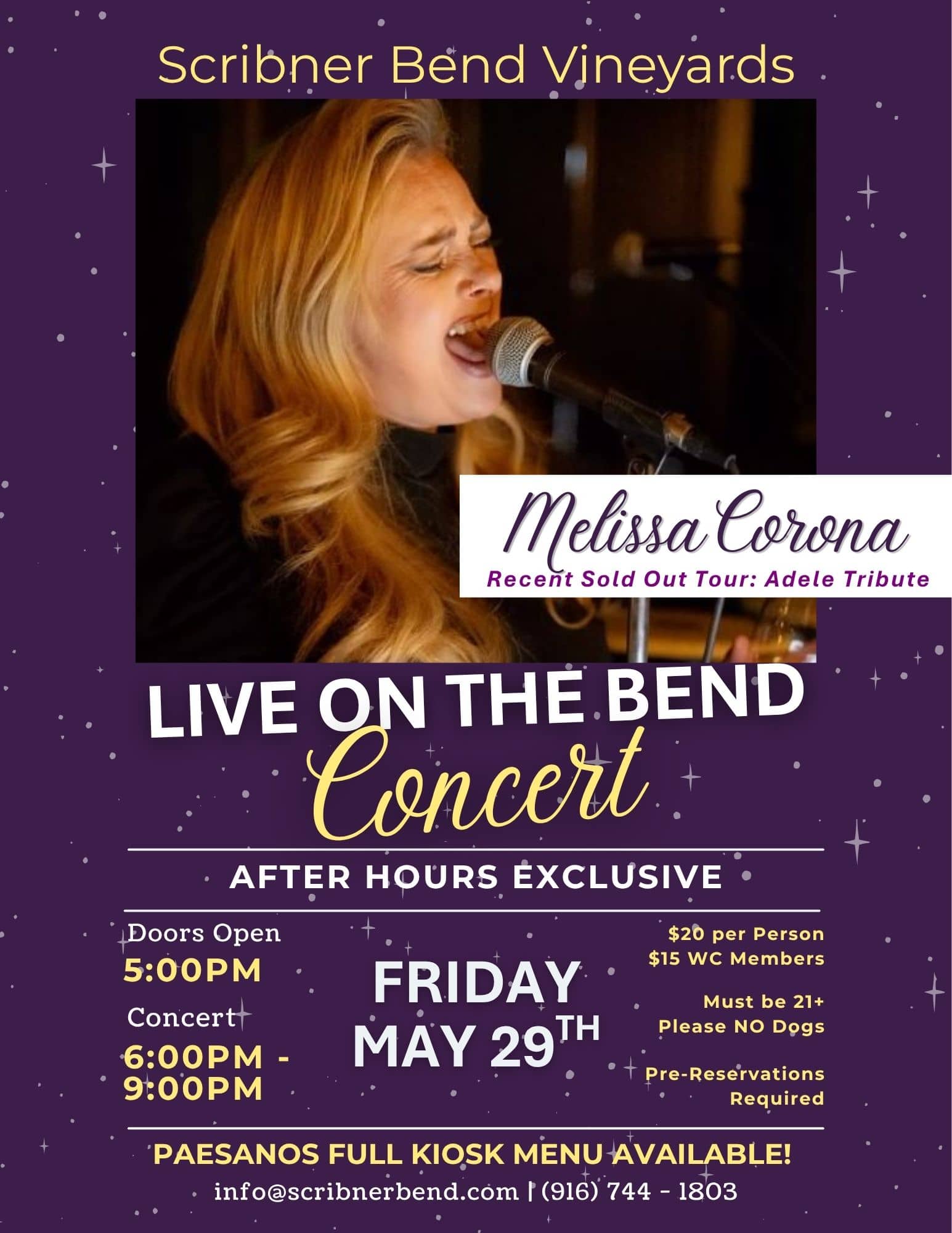 Live music event featuring Melissa Corona at a winery with vineyard sunset views and guests seated outdoors