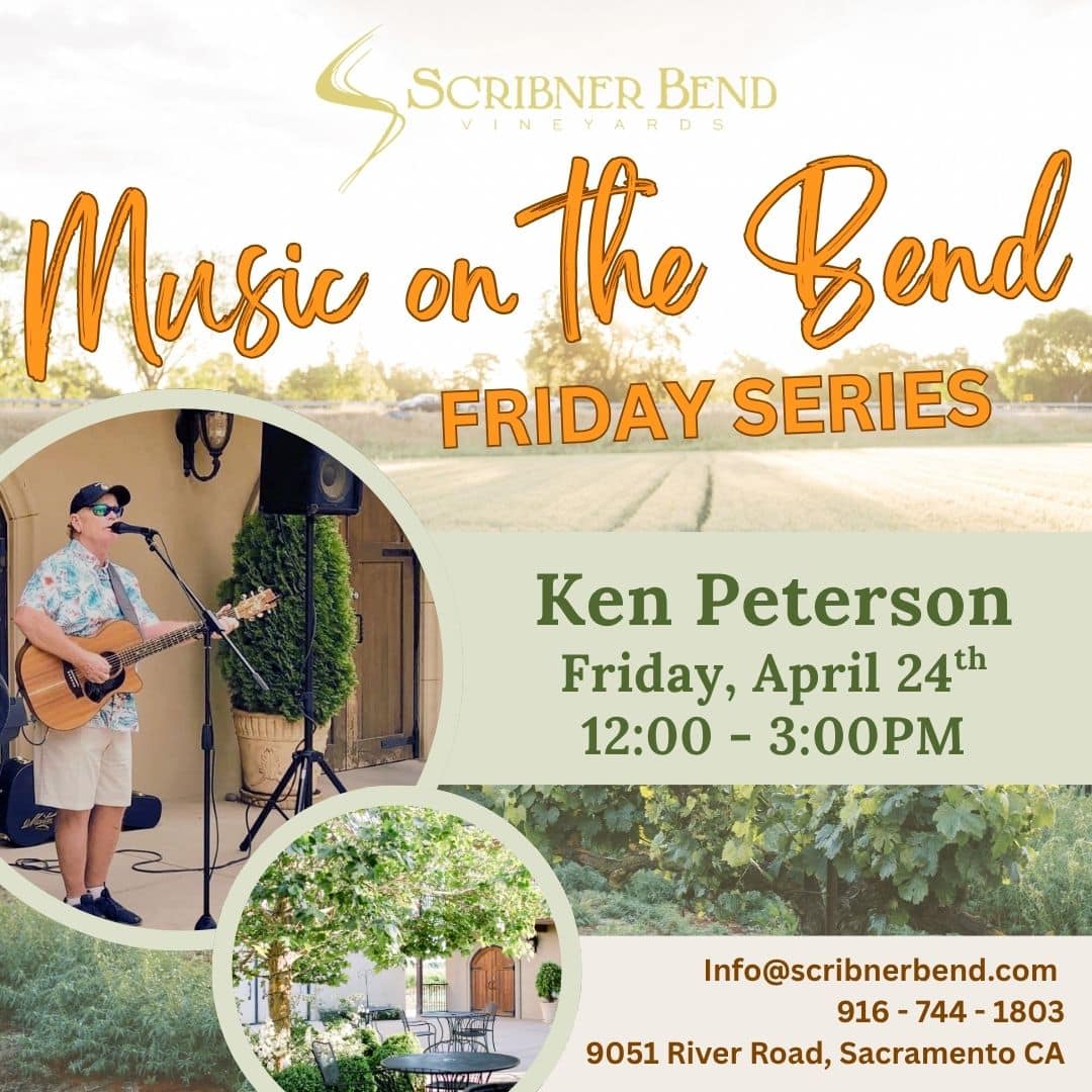 Ken Peterson performing live at Friday Music Series on April 24, 2026, with guests enjoying wine and Paesanos Pizza outdoors