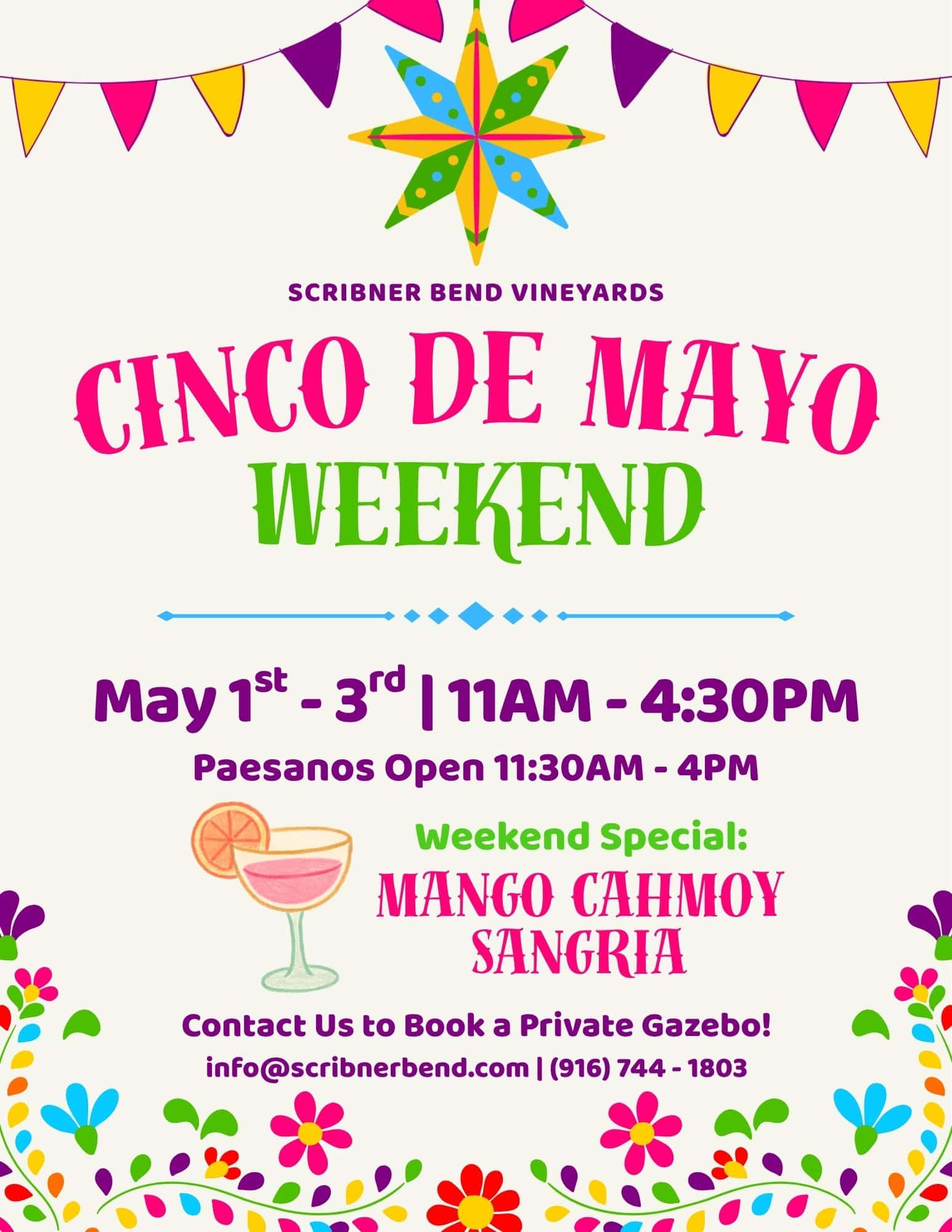 Guests enjoying Cinco de Mayo weekend at Scribner Bend Vineyards with wine, pizza, and festive spring vineyard scenery