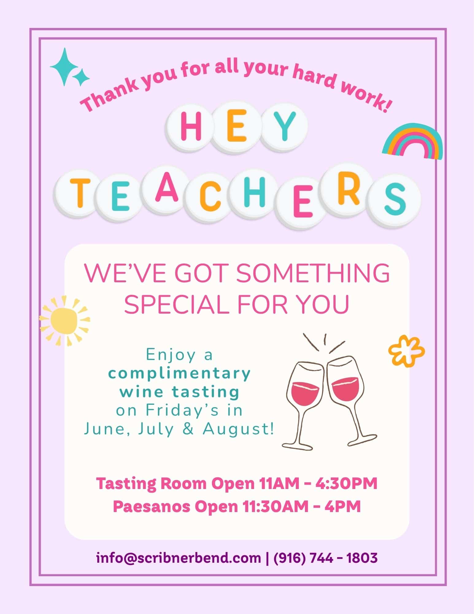 Teacher Appreciation Fridays at Scribner Bend Vineyards with complimentary wine tasting for educators.