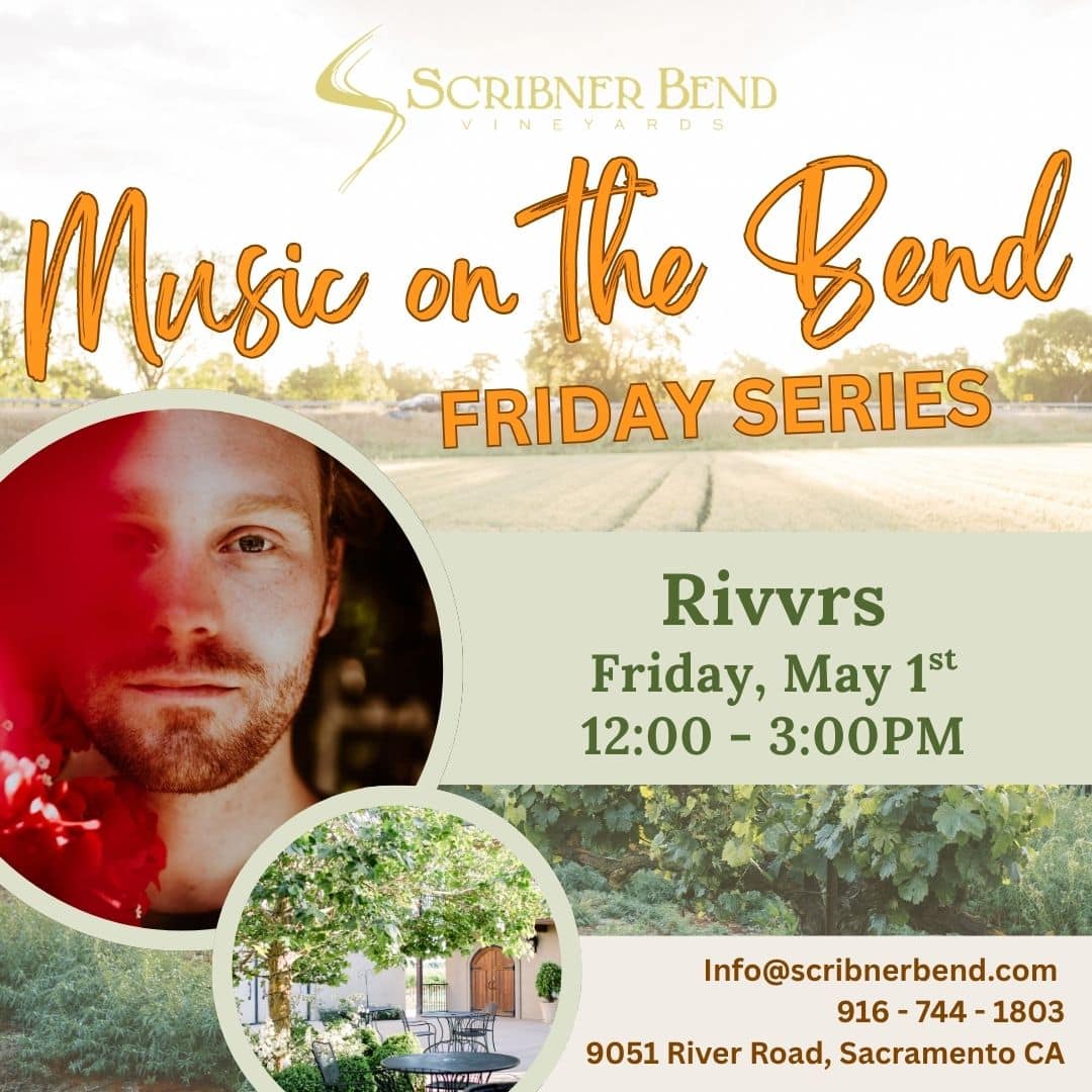 Live music performance by Rivvrs at Scribner Bend Vineyards during Music on the Bend Friday Series with guests enjoying wine among vineyard scenery