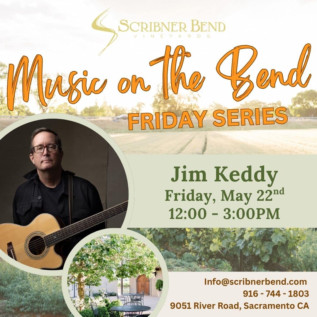 Crowd enjoying live music by Jim Keddy during the Music on the Bend Friday Series at Scribner Bend Vineyards.