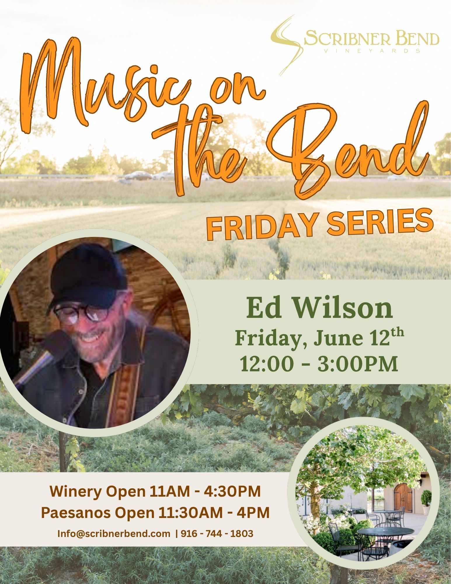 Live music performance by Ken Wilson at a Sacramento winery with guests seated outdoors.