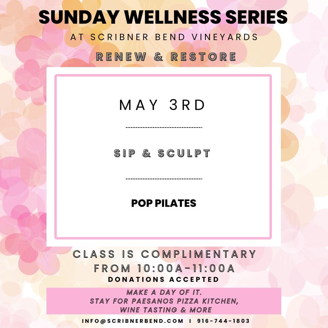 Pop Pilates class during Sip & Sculpt at Scribner Bend Vineyards with participants exercising outdoors among vineyard scenery