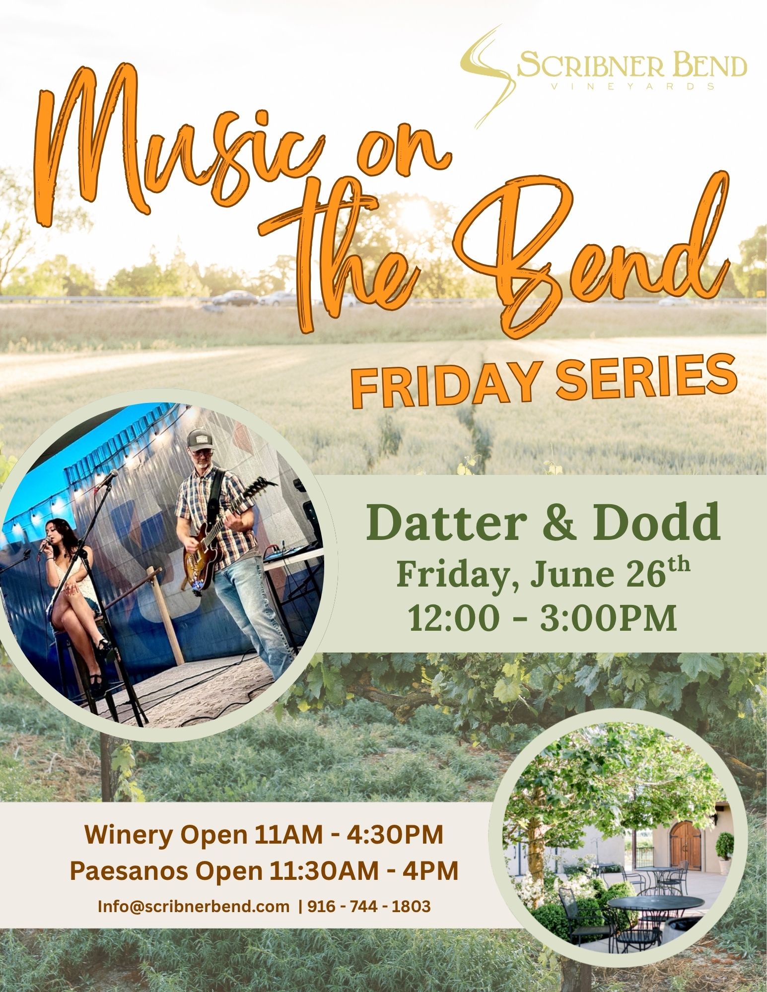 Live musical performance by Datter and Dodd at Scribner Bend Vineyards in wine country.