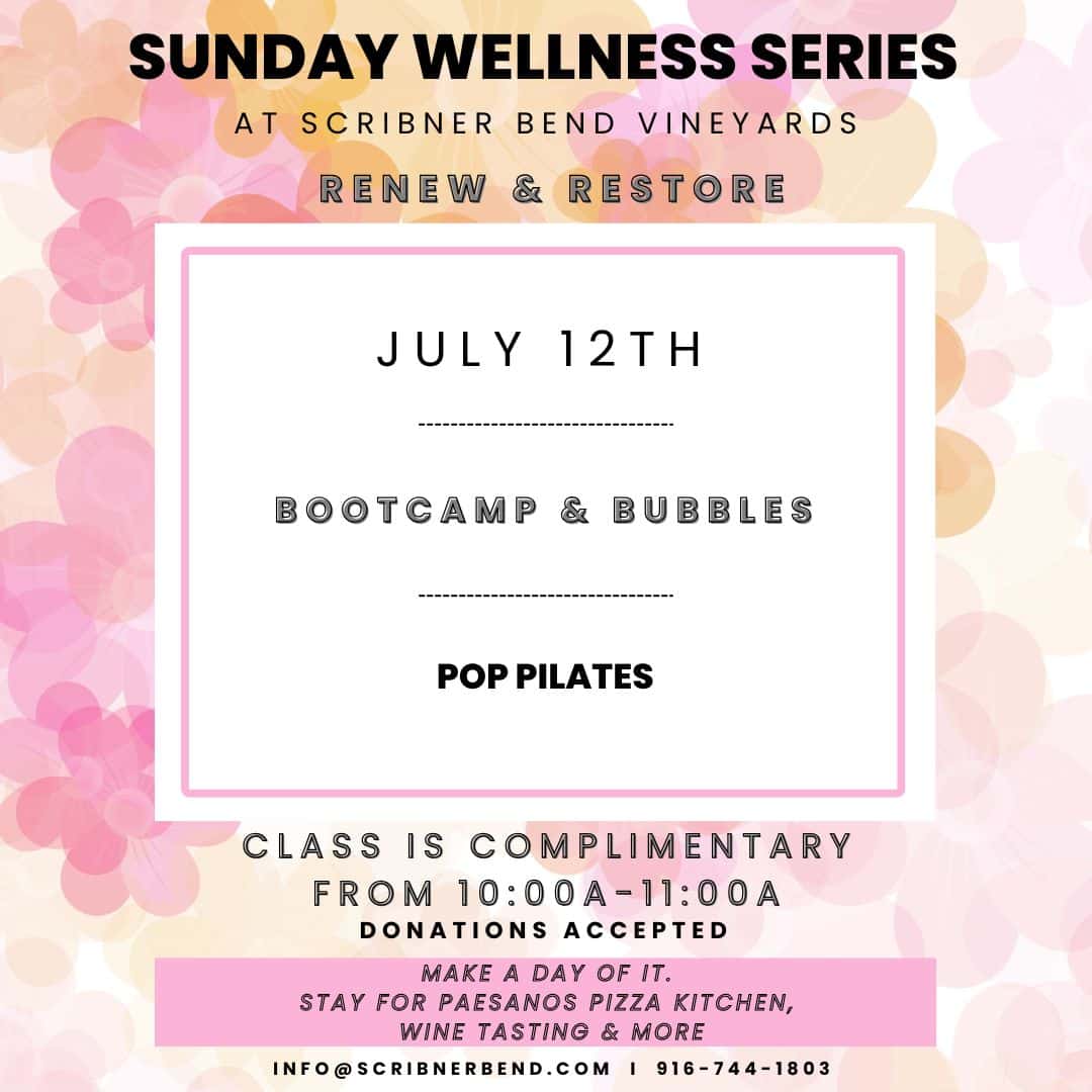 Bootcamp & Bubbles event flyer for the Sunday Wellness Series at Scribner Bend Vineyards featuring a complimentary Pop Pilates outdoor fitness class on July 12 from 10–11 AM, followed by wine, pizza, and vineyard views.