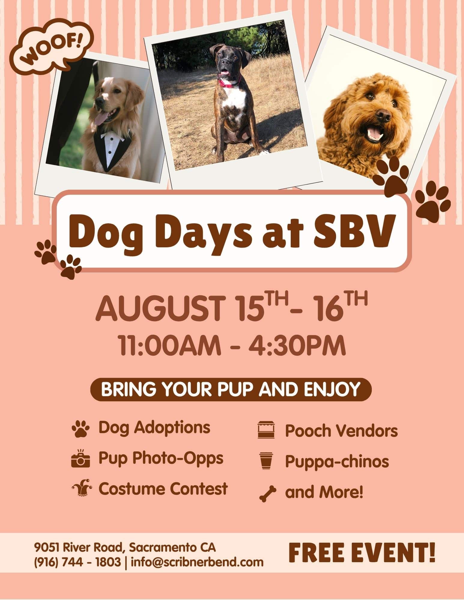 Dog Days at Scribner Bend Vineyards event flyer featuring dog adoptions, vendors, costume contest, and family-friendly activities on August 15–16, 2026.