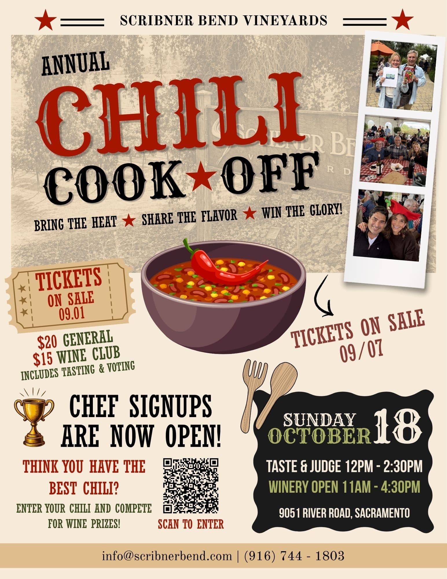 Annual Chili Cook-Off at Scribner Bend Vineyards featuring a bowl of chili topped with shredded cheese, with event details for Sunday, October 18. Guests can taste and vote for their favorite chili while competing chefs vie for wine prizes. General admission and Wine Club Member ticket prices are listed, along with chili tasting and judging from 12:00 to 2:30 PM.