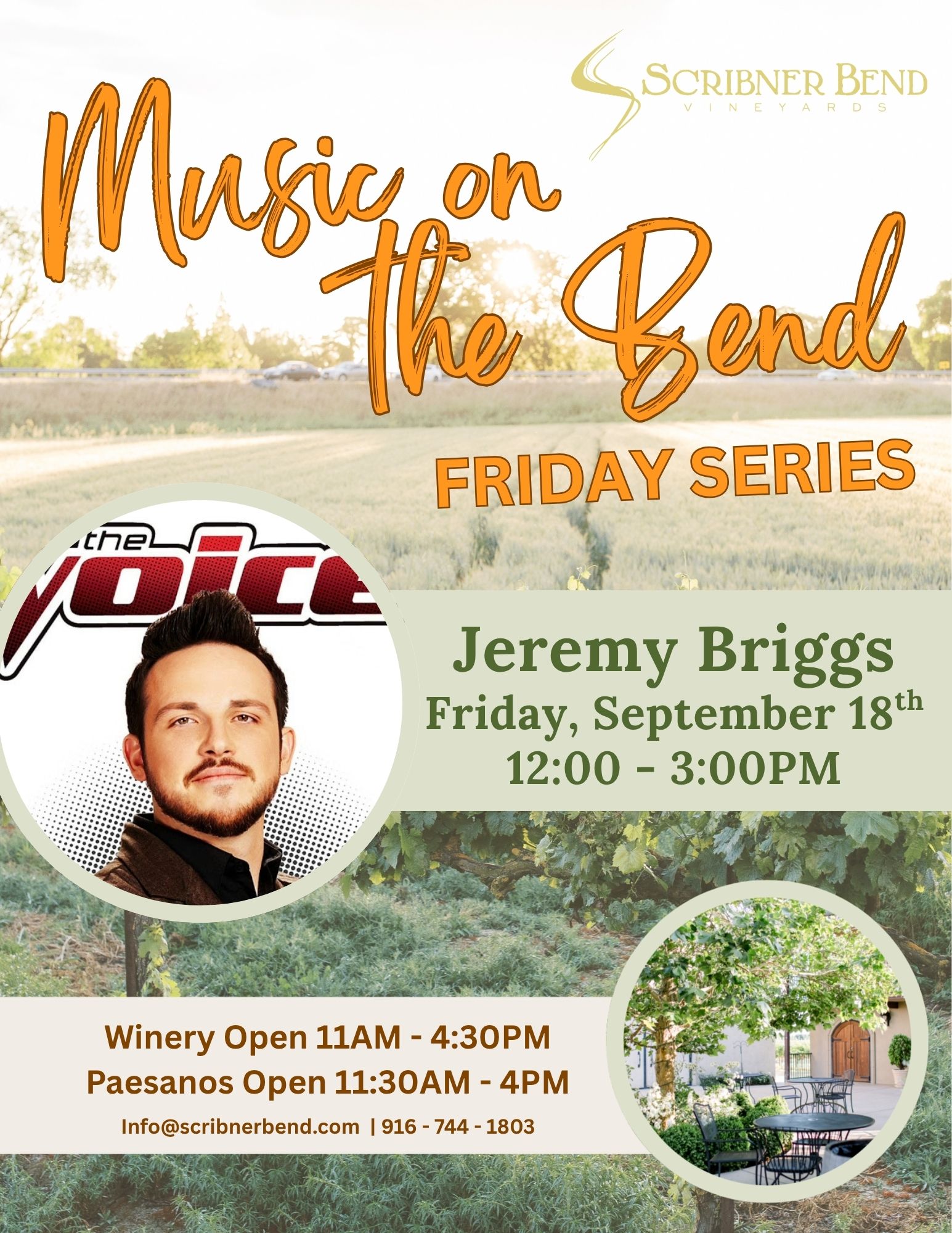 Jeremy Briggs, former contestant on The Voice, performing live at Scribner Bend Vineyards during the Music on the Bend Friday Series.