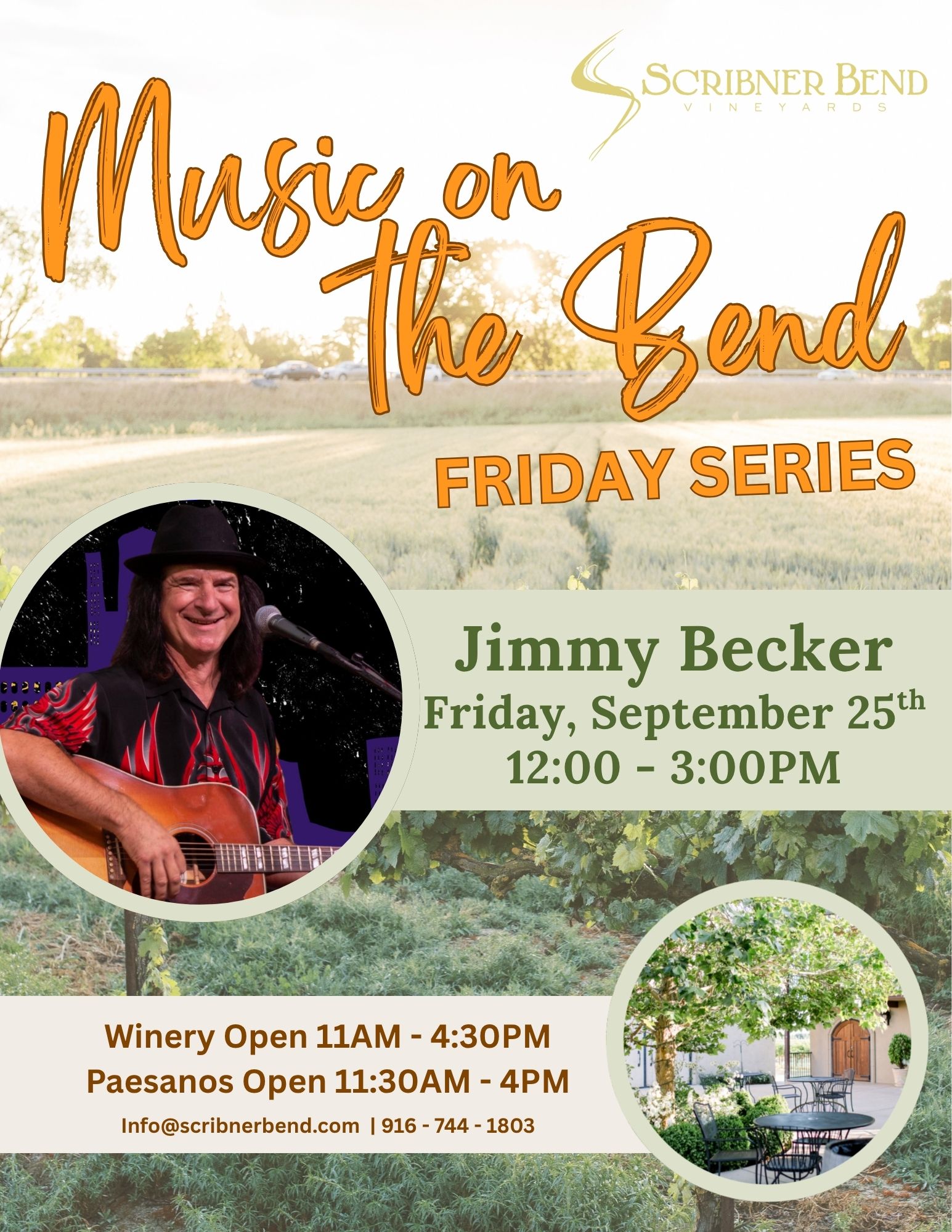 Jimmy Becker performing live music at Scribner Bend Vineyards during the Friday Music series.