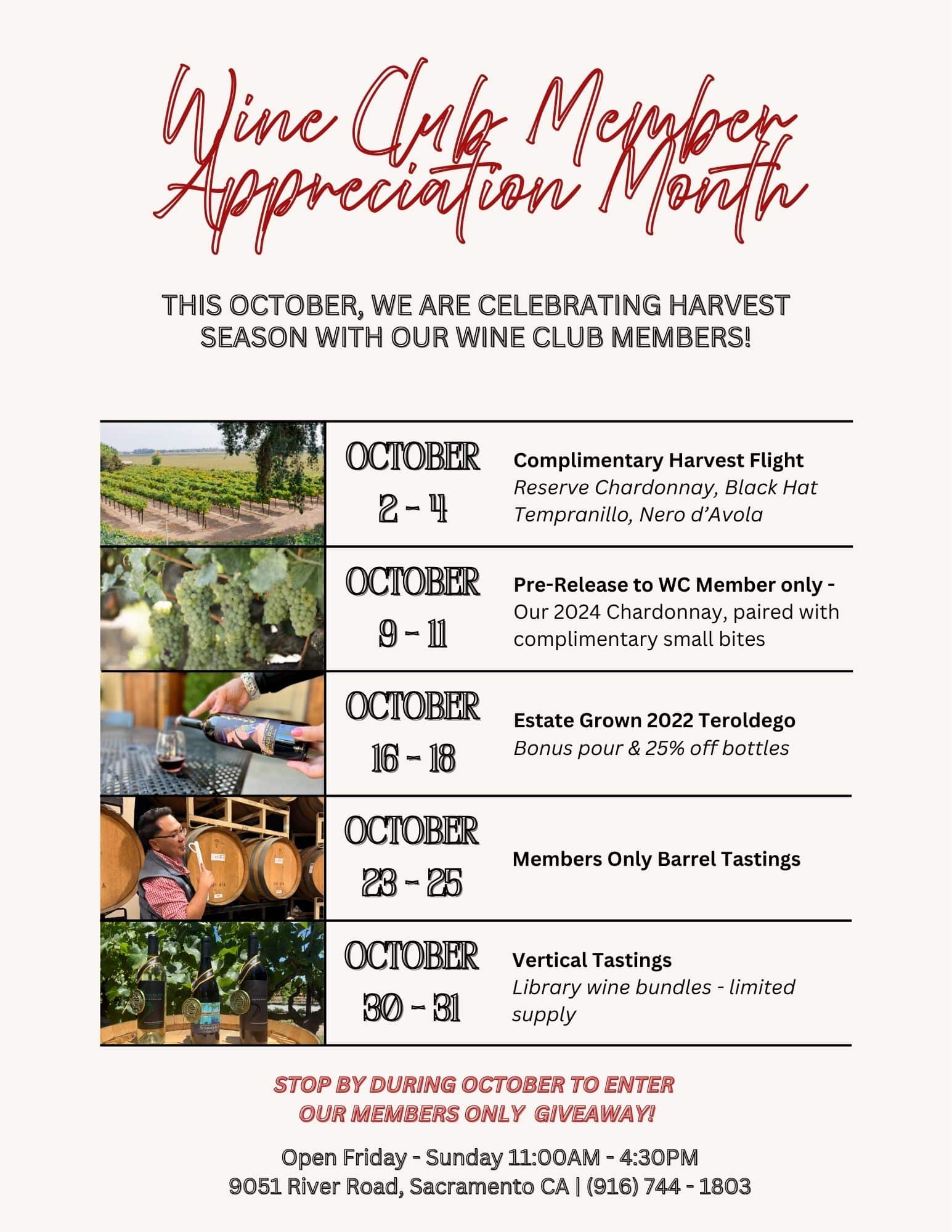 wine club appreciation at scribenr bend vineyards all month